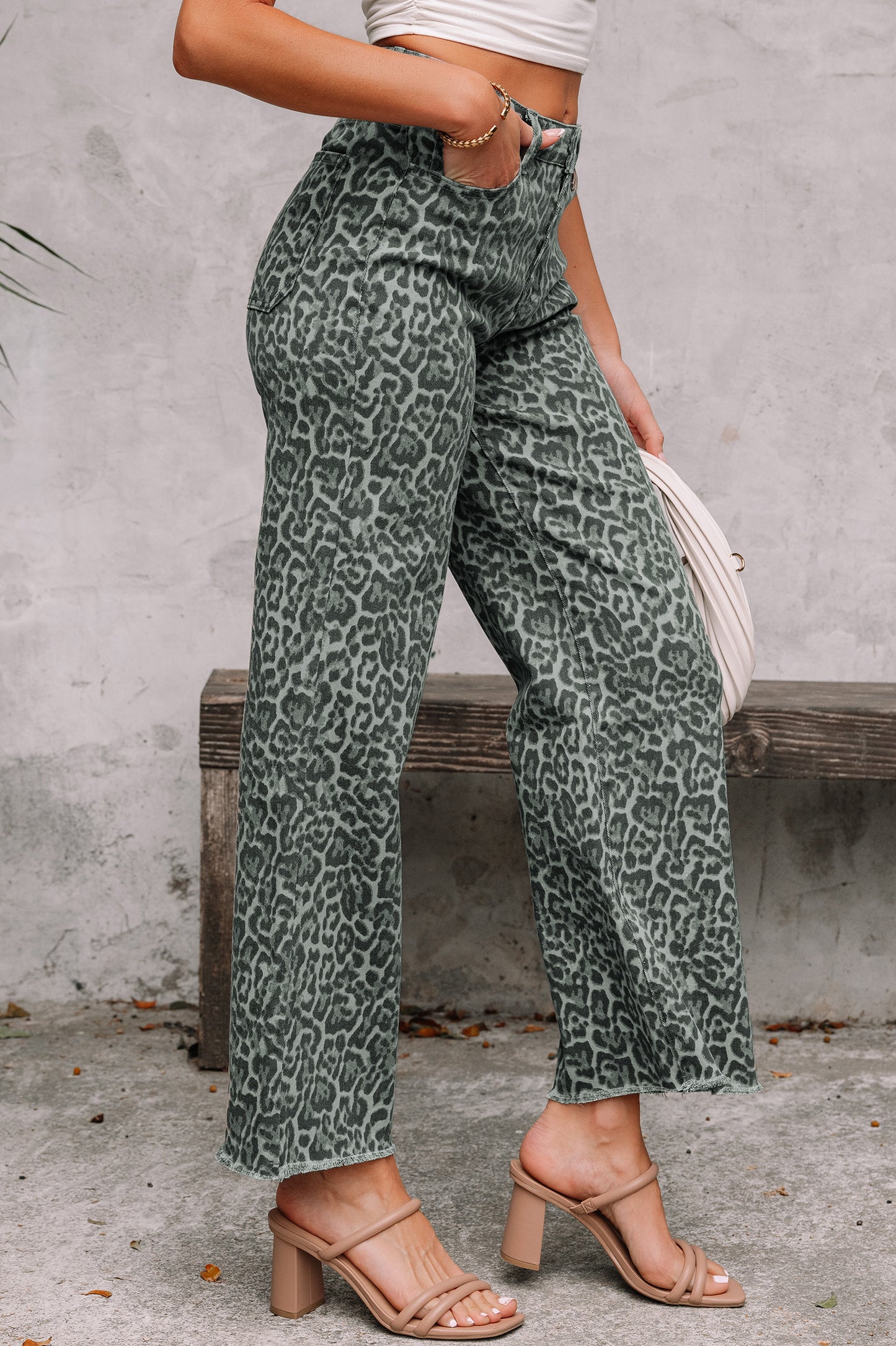 Sky Blue Leopard Frayed Edge Wide Leg High Waist Jeans