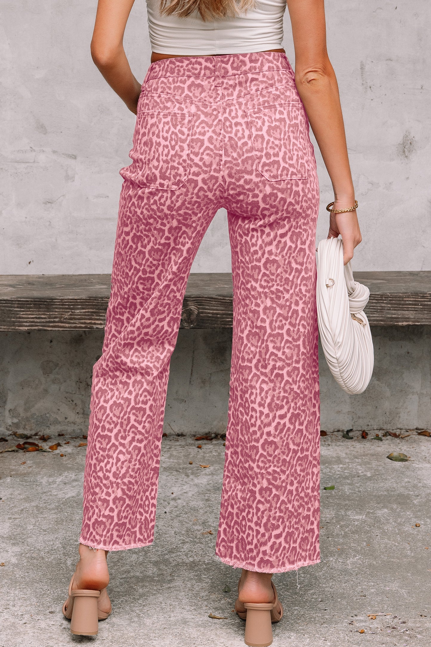 Sky Blue Leopard Frayed Edge Wide Leg High Waist Jeans