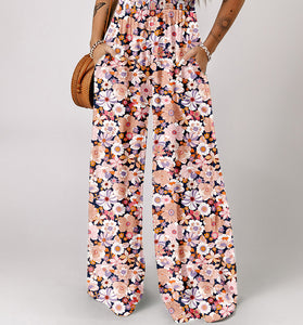 Black Floral Print Smocked High Waist Square Neck Jumpsuit